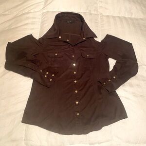 Vertigo, M women’s off the shoulder  cut out/ long sleeve faux suede brown top